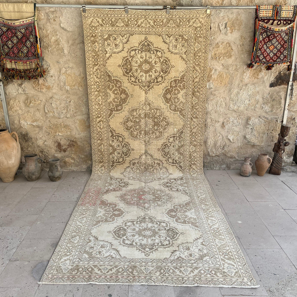 Brown 5' x 13' vintage turkish runner rug with neutral design, handmade in Turkey – Brayan.