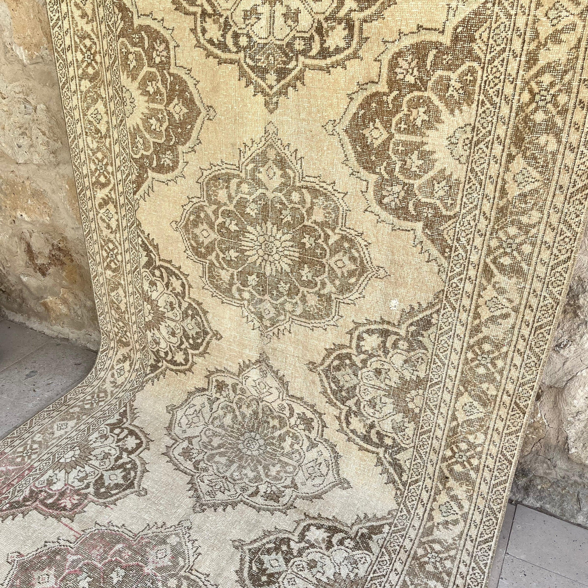 Brown 5' x 13' vintage turkish runner rug in wool and cotton, shown on the floor.