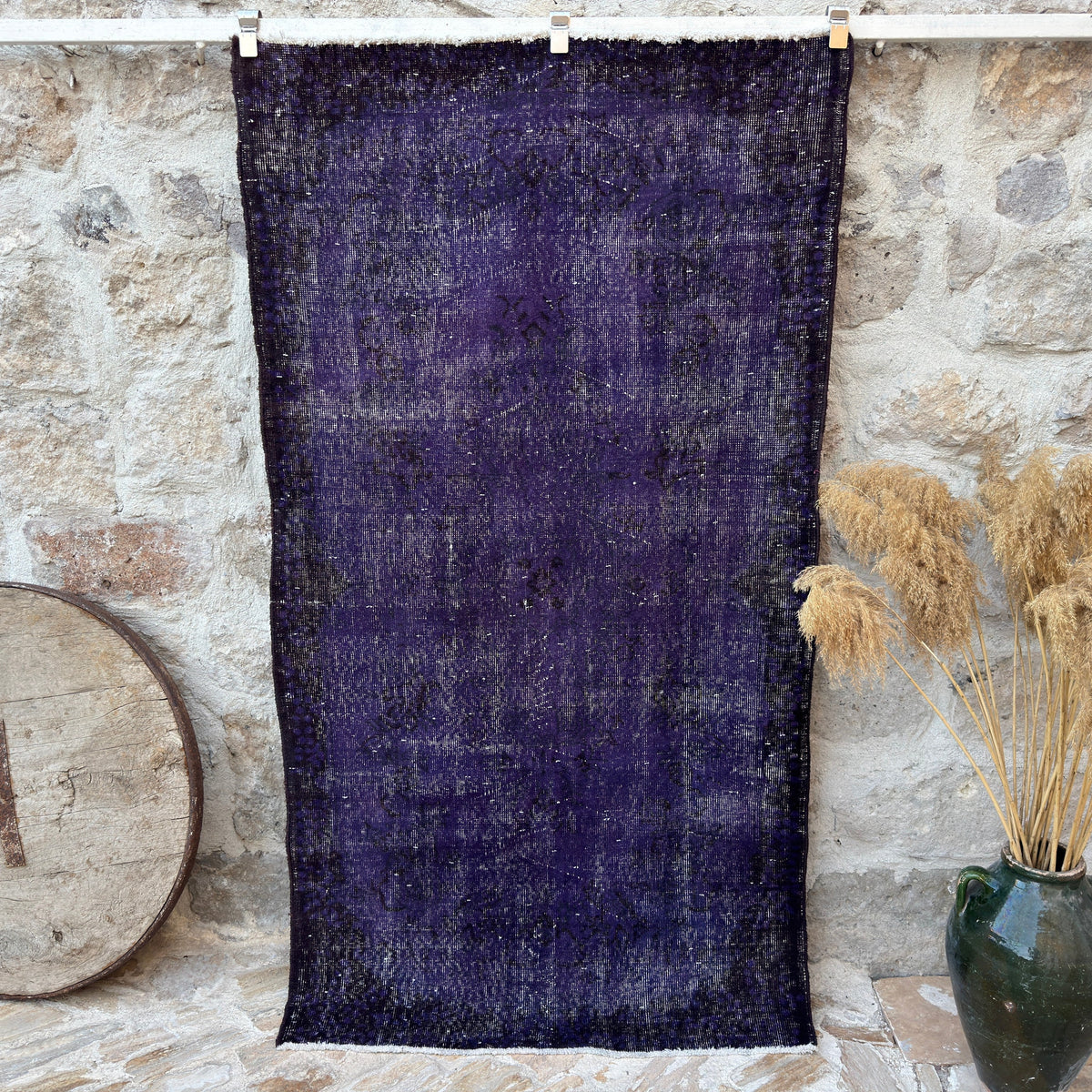 Purple 4' x 7' vintage wool overdyed rug with overdyed design, handmade in Turkey – Yalonda.
