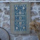 Blue 3' x 4' vintage wool rug with neutral design, handmade in Turkey – Adena.