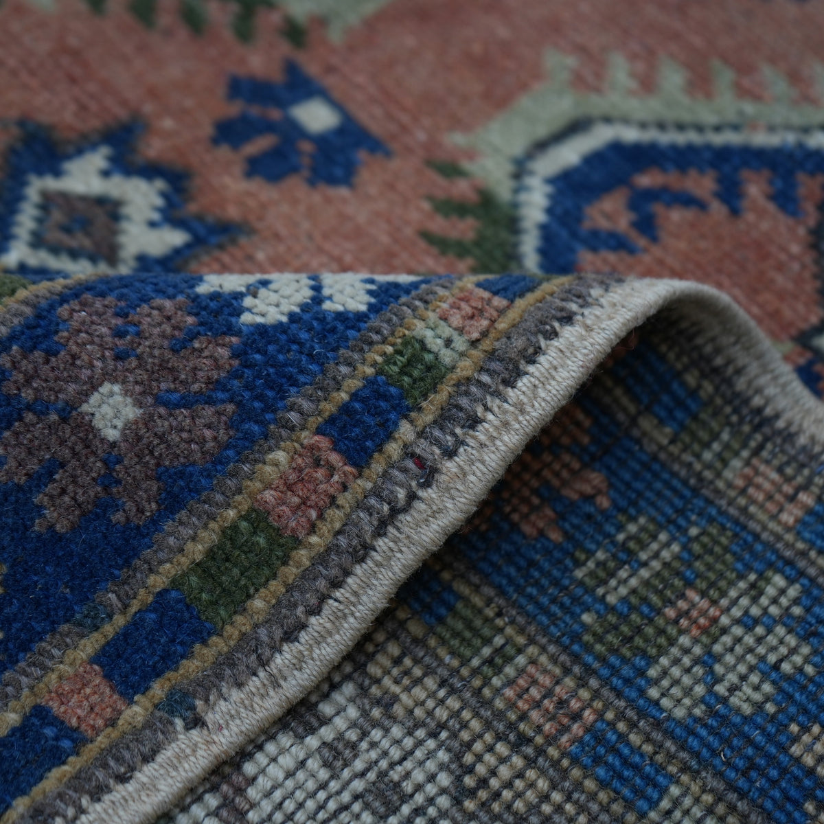 Additional view of the blue vintage Turkish wool rug, hand-knotted in wool.