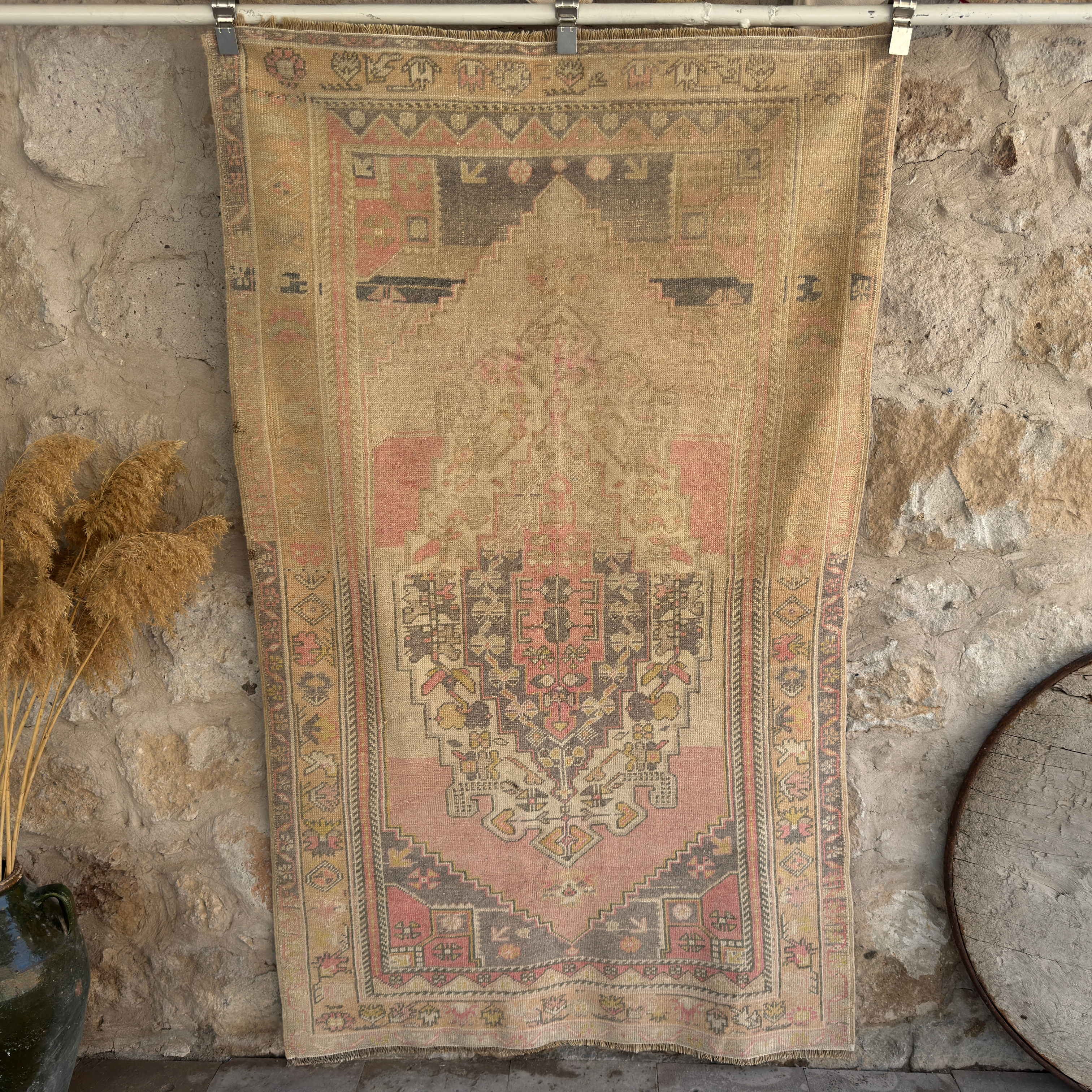 Pink 4' x 6' vintage wool rug with neutral design, handmade in Turkey – Daune.