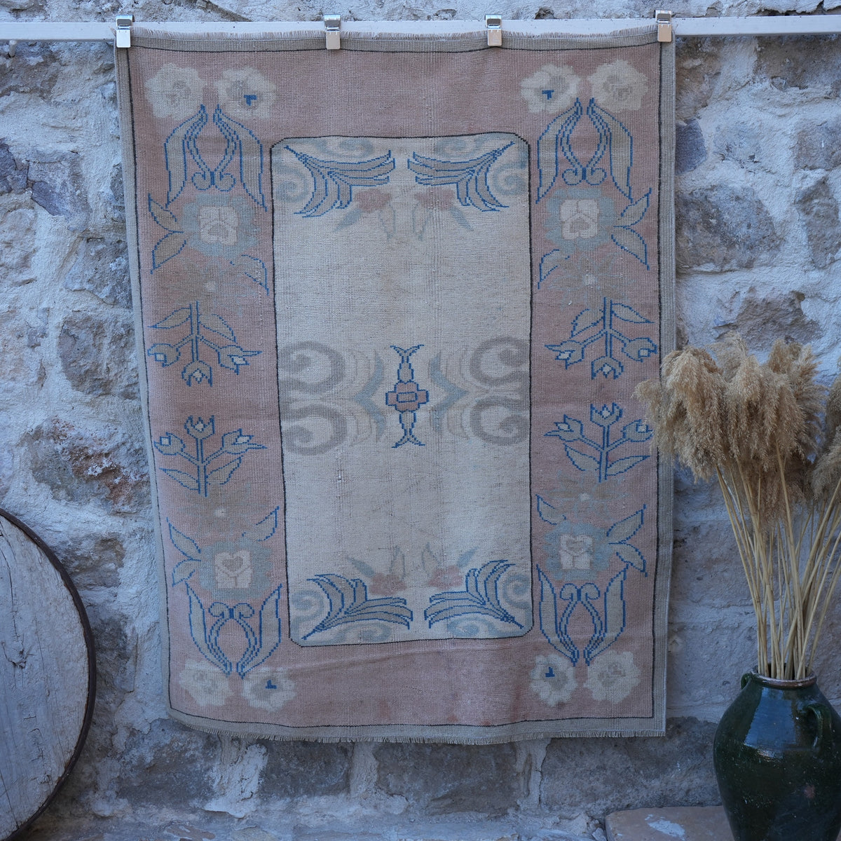 Pink 4' x 6' vintage wool rug with geometric design, handmade in Turkey – Freda.