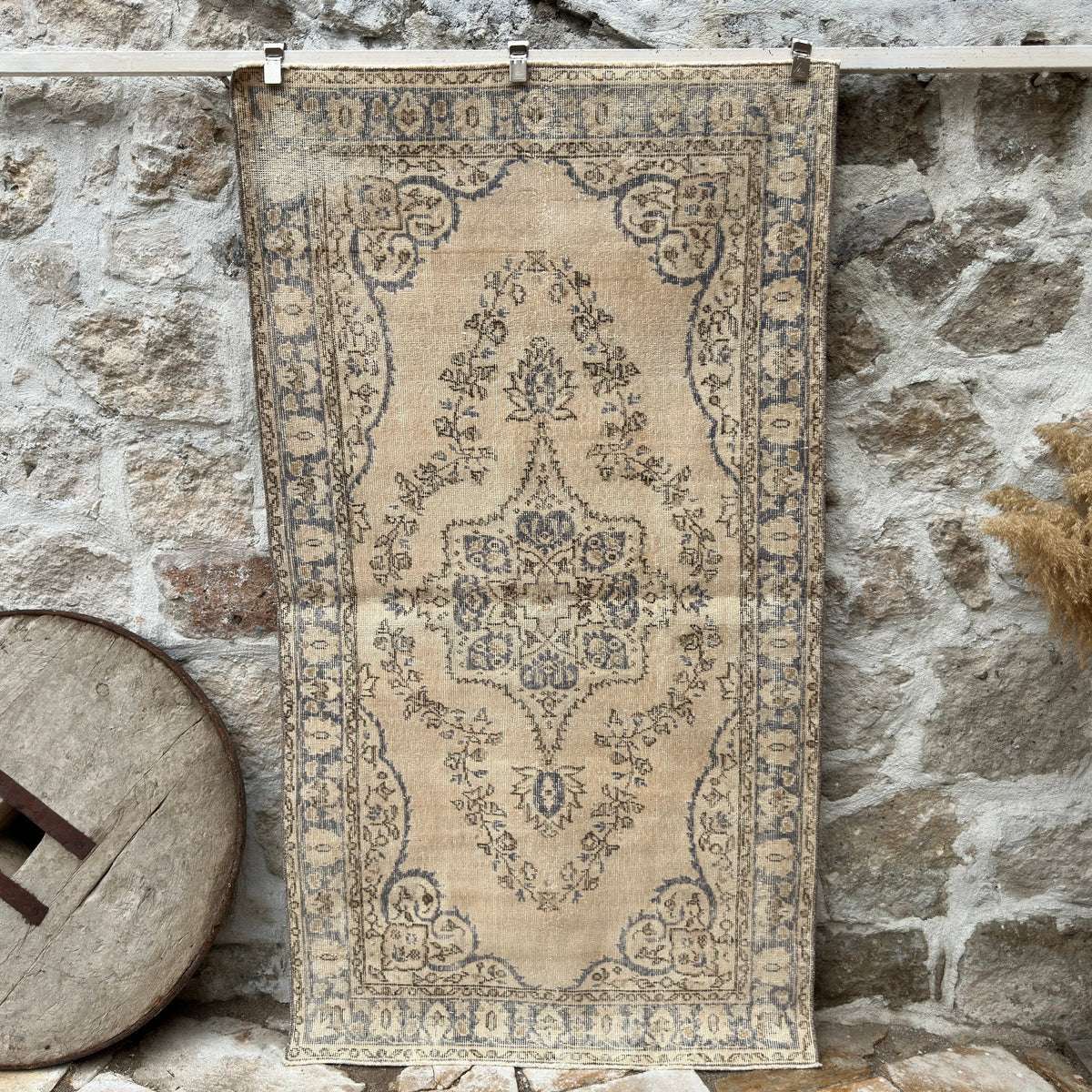 Blue 4' x 7' vintage wool rug with medallion design, handmade in Turkey – Empress.
