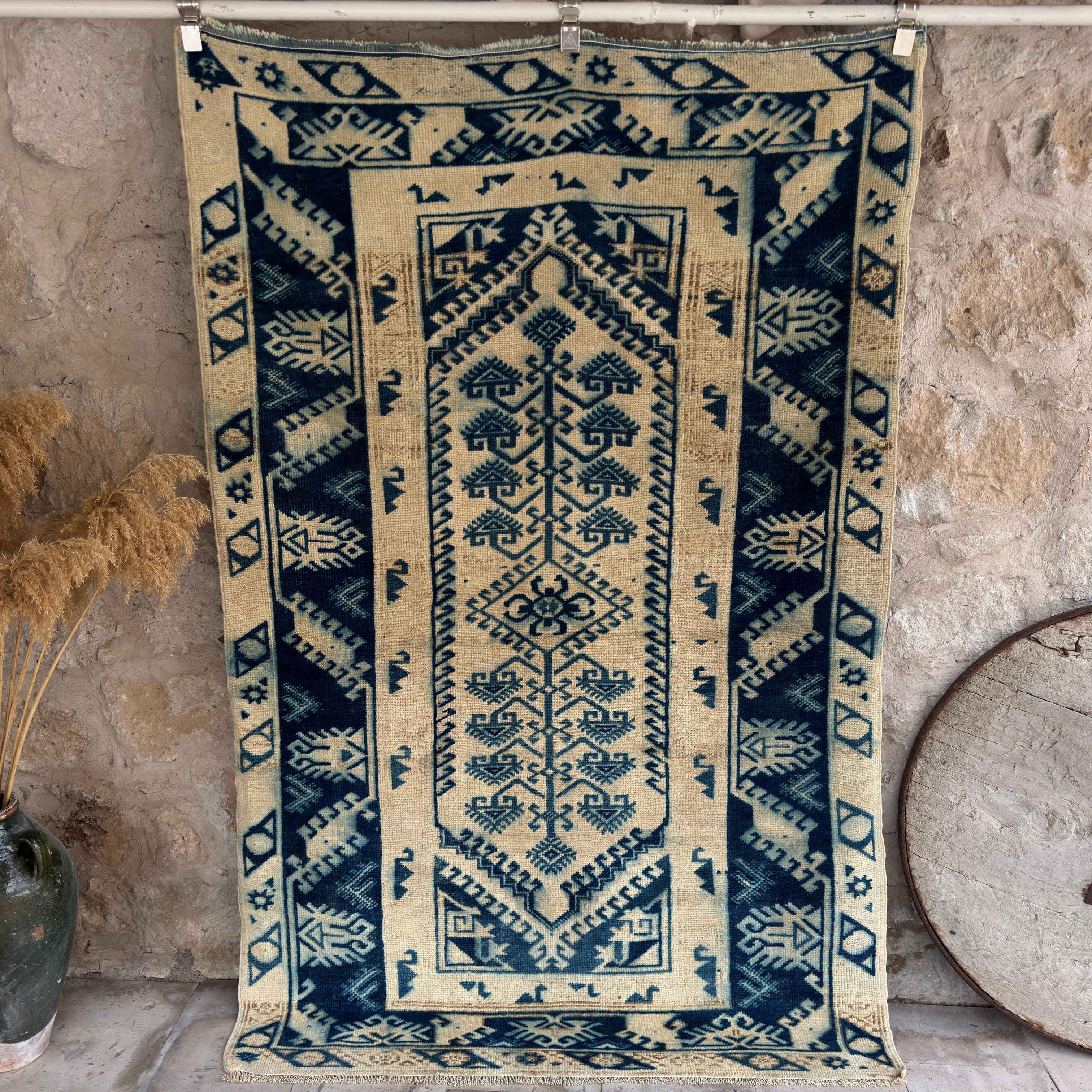 Blue 4' x 7' vintage wool rug with neutral design, handmade in Turkey – Jenny.