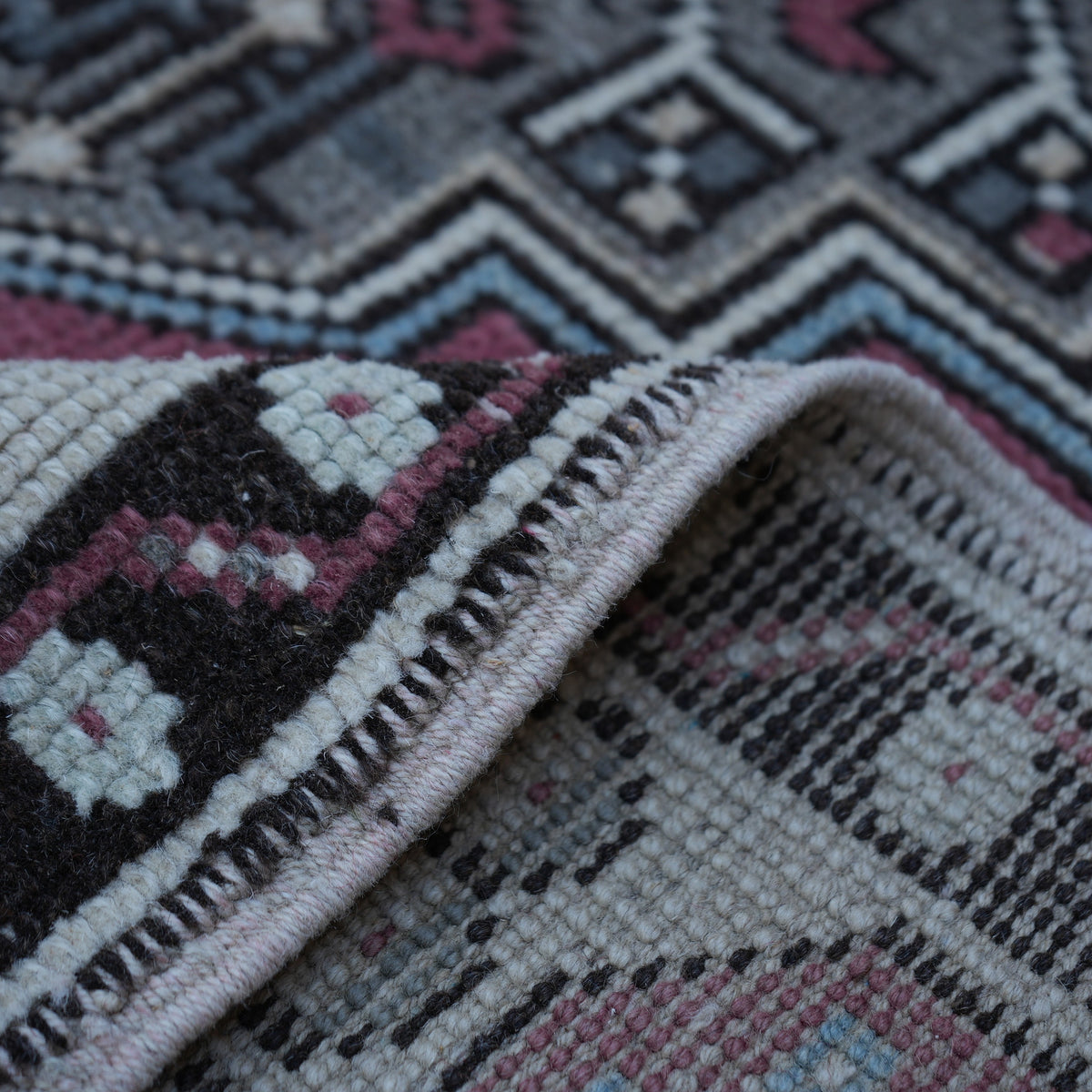 Additional view of the pale purple vintage Turkish wool rug, hand-knotted in wool.
