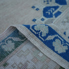 Additional view of the blue vintage Turkish wool rug, hand-knotted in wool.