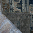 1970s blue vintage Turkish wool rug with neutral design, hand-knotted weave and low pile.