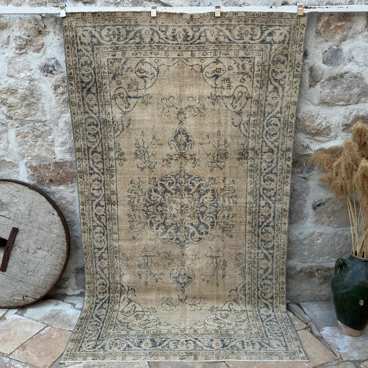 Blue 5' x 8' vintage wool rug with medallion design, handmade in Turkey – Molly.