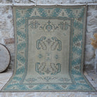 Pale Blue 7' x 10' vintage wool rug with geometric design, handmade in Turkey – Bria.