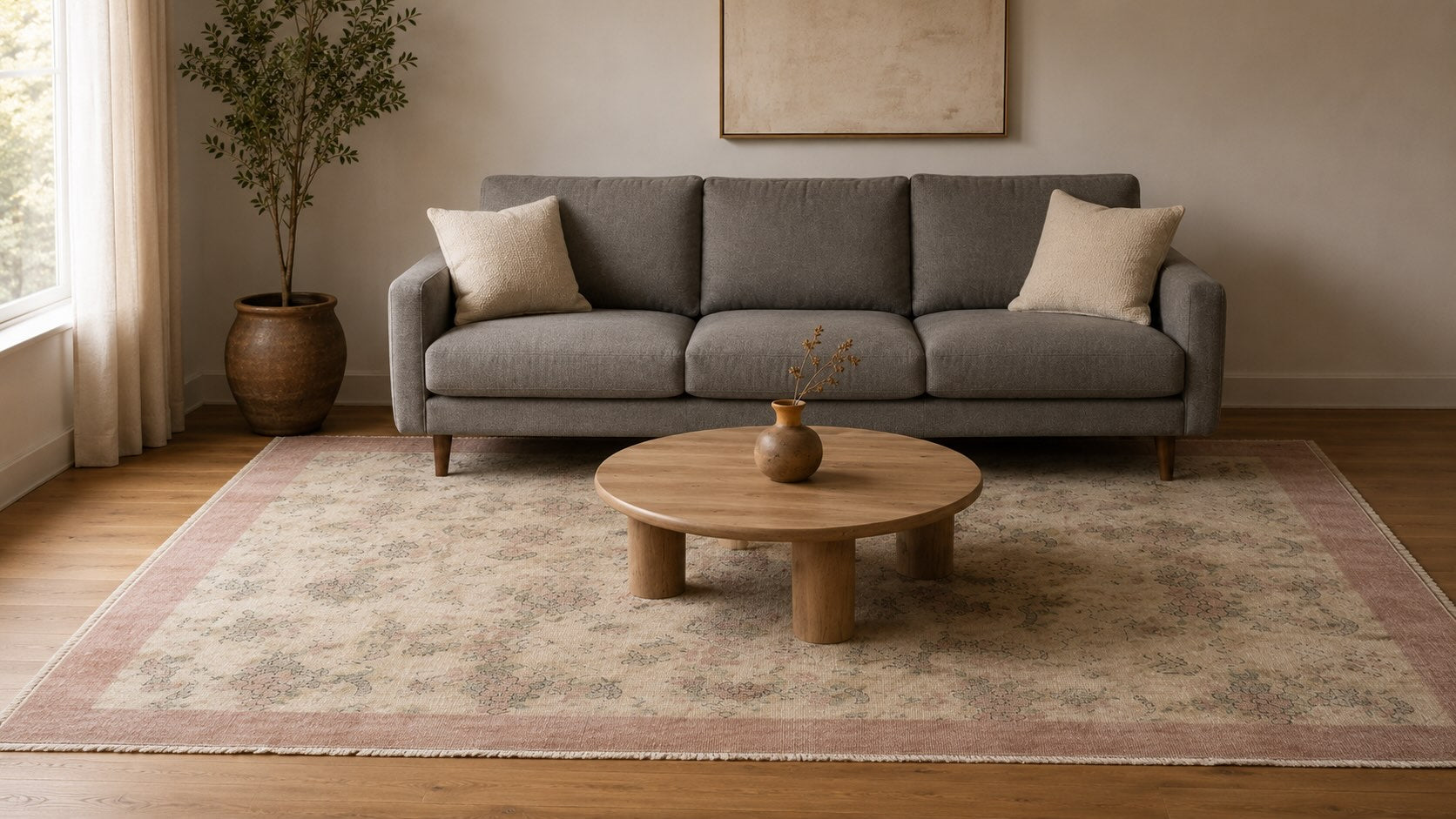 Warm ivory and dusty pink vintage floral rug paired with a gray sofa in a living room