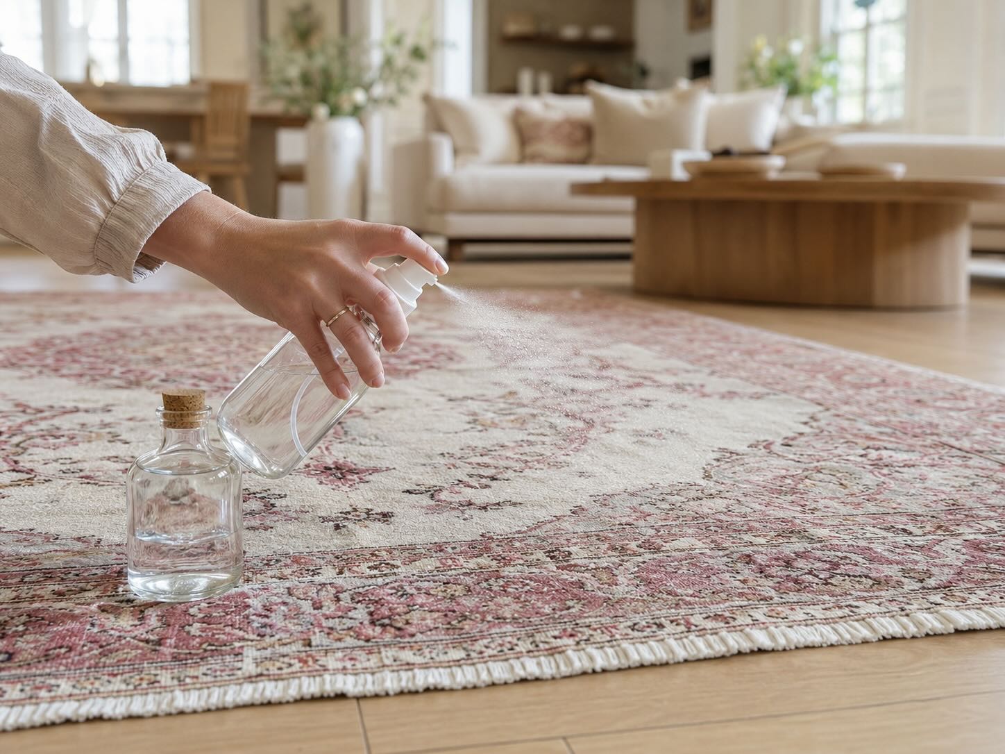 Hand spraying a clear liquid from a glass spray bottle onto a vintage Turkish rug, with a second cork-stoppered bottle beside it on the rug surface