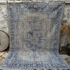 Pale Blue 7' x 10' wool distressed carpet with medallion design, handmade in Turkey – Rugby.