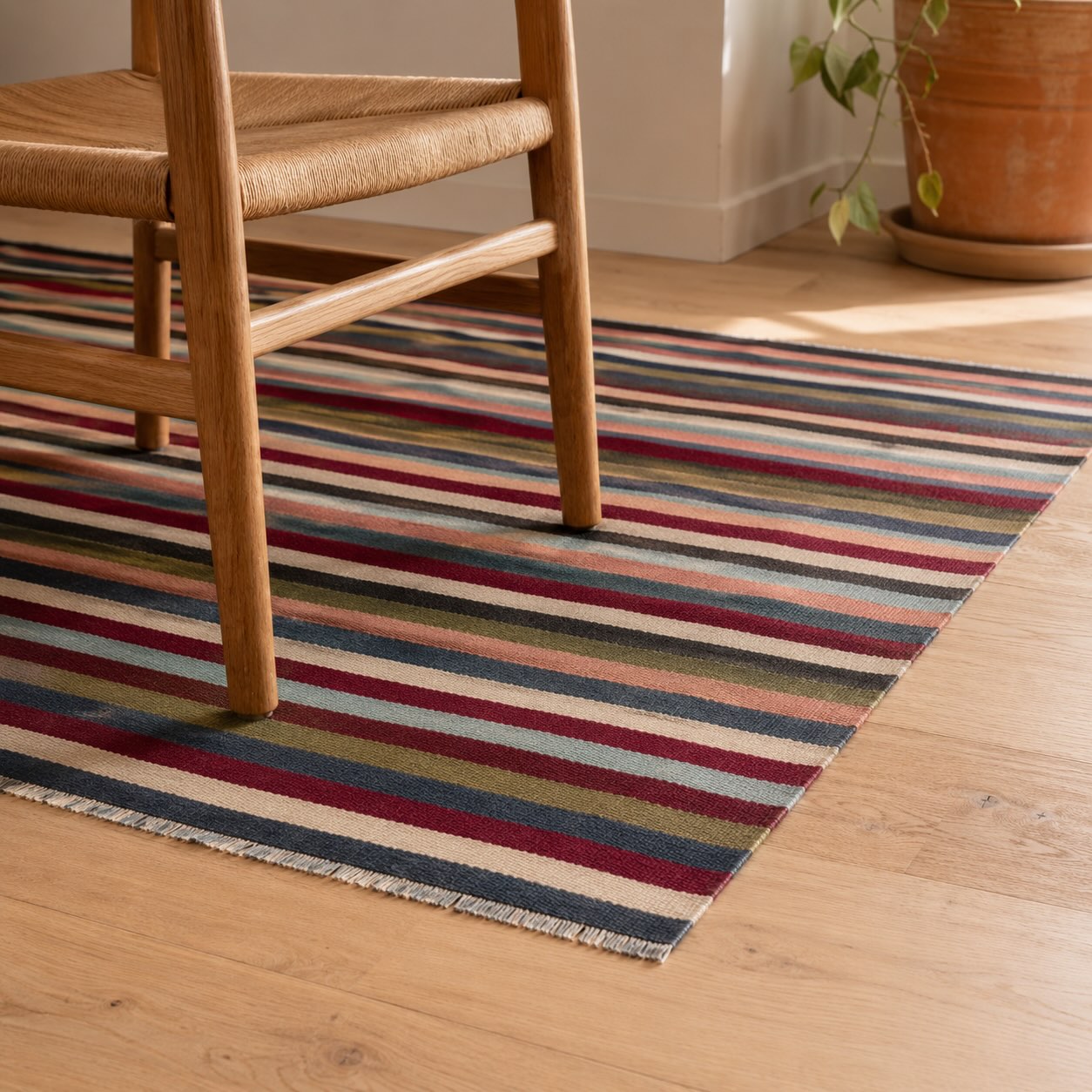 Striped vintage Turkish kilim flatweave rug with multicolor Anatolian stripe pattern on light oak floor, wooden chair front leg resting on the edge of the rug, flat low-profile construction with no pile sitting flush against the floor