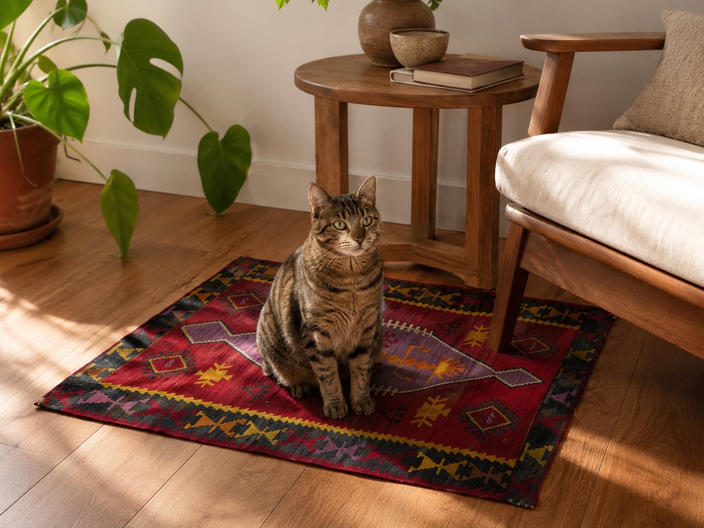 Tabby cat sitting on vintage red Turkish kilim rug in American home — cat urine requires enzyme cleaner not vinegar — Kirmen Rugs