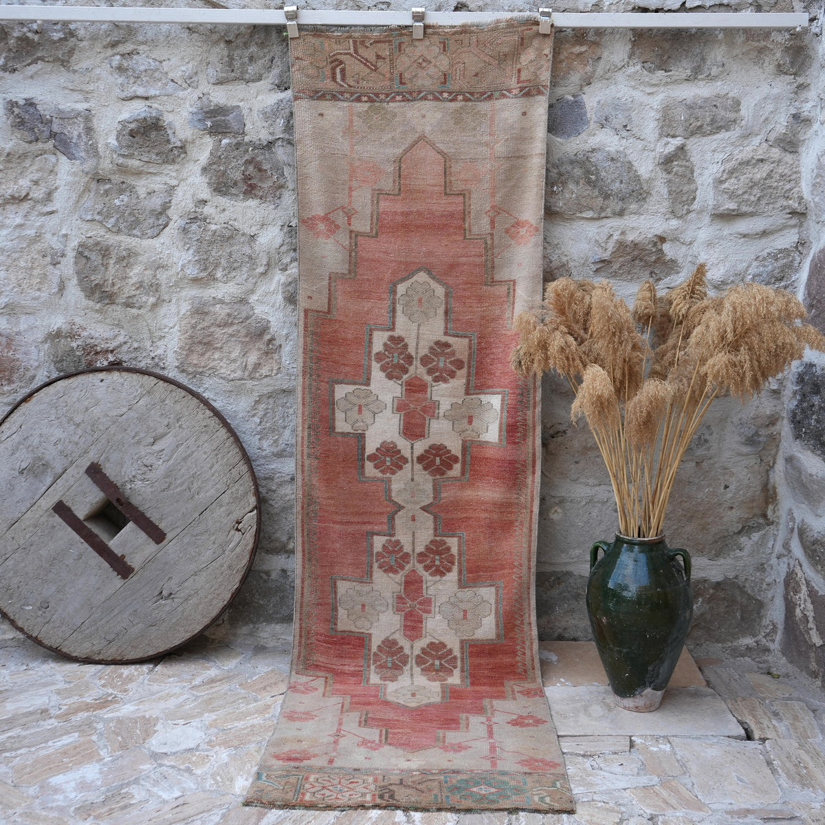 Red 3' x 9' wool runner rug with traditional design, handmade in Turkey – Odette.