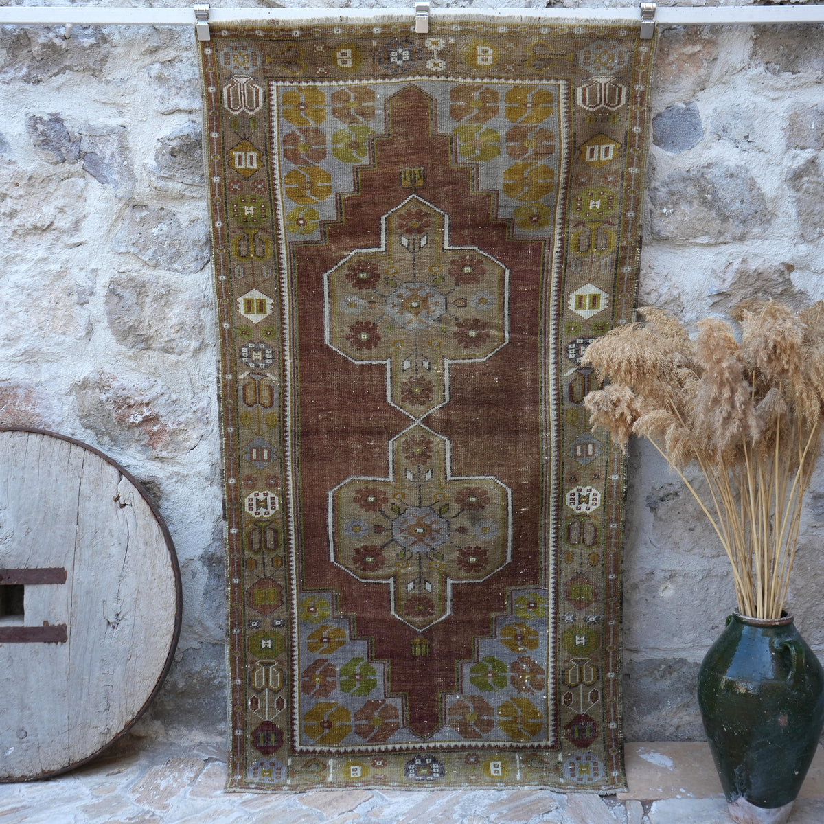 Brown 4' x 7' wool vintage rug with traditional design, handmade in Turkey – Sybil.