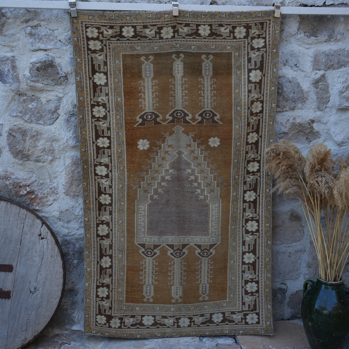 Warm Brown 4' x 7' wool vintage rug with neutral design, handmade in Turkey – Micki.