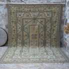Yellow 8' x 11' wool vintage rug with geometric design, handmade in Turkey – Hanni.